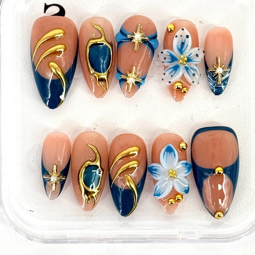 NailVesta Azure Must Almond Handcrafted 3D Nail Set Sz Small Blue Gold Flower